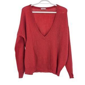 Brunello Cucinelli Sweater Red V-neck Ribbed Knit Mohair Wool Pullover Size M